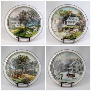 Currier and Ives Round Metal Trays Four Seasons The American Homestead Set of 4